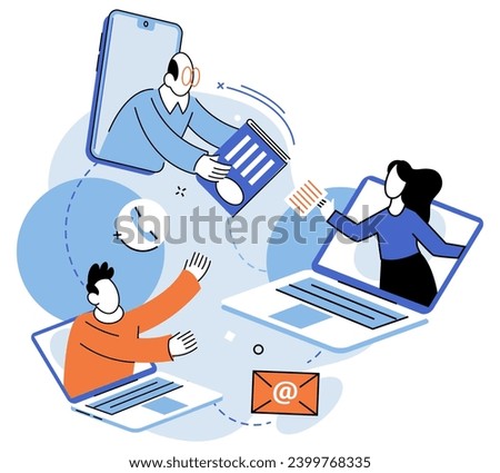 Online team vector illustration. The online team leveraged technology to work together seamlessly The virtual conference brought thought leaders together to exchange ideas The online community thrived