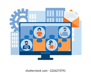 Online teamwork, business conference, internet communication, social media technologies vector illustration