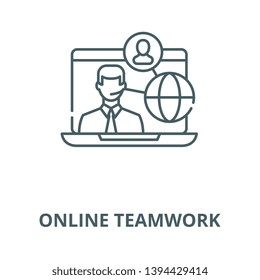 Online teamwork concept vector line icon, linear concept, outline sign, symbol