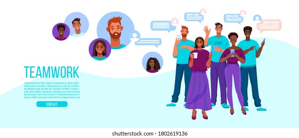 Online teamwork and group chat illustration with different people, avatars, messages. Virtual meeting with diverse freelancers communicating in internet.Group chat vector banner with young colleagues 