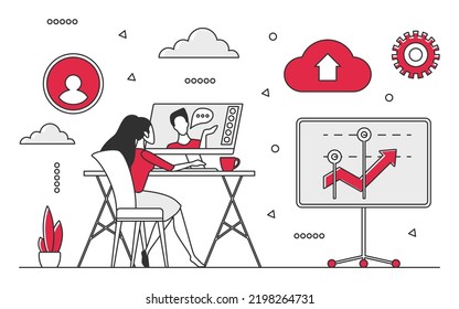 Online teamwork meeting. Video professional conference, digital brainstorming vector monocolor illustration