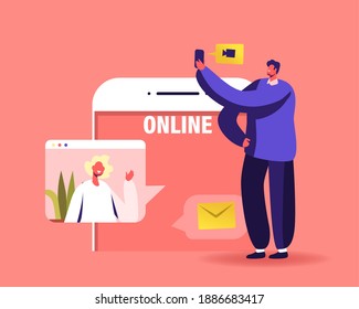 Online Teamwork. Tiny Business Characters Speaking via Video Call with Remote Colleagues on Briefing, Workers Webcam Conference with Coworkers on Huge Smartphone. Cartoon People Vector Illustration