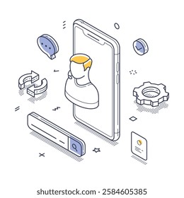 Online tech support assistance, showcasing a figure emerging from a smartphone surrounded by various tech-related icons. Modern isometric line art vector illustration