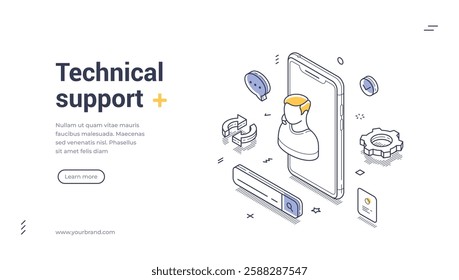 Online tech support assistance, showcasing a figure emerging from a smartphone surrounded by various tech-related icons. Modern isometric line art web banner, landing page template