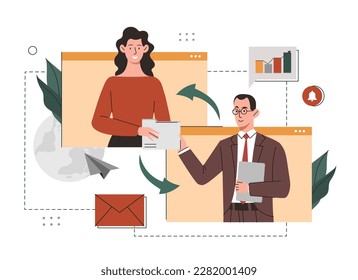 Online technical negotiations. Man and woman communicate via video communication, conference and call. Brainstorming lighting directors. Consultations and advice. Cartoon flat vector illustration