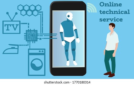 Servicio técnico en línea. Un robot en la pantalla de un smartphone se comunica con un cliente sobre cuestiones técnicas que afectan a los dispositivos domésticos. Ilustración vectorial.