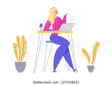 Online Technical Support 24/7 Concept with Woman Character Consulting Client via Headset. Online Assistance, Female Help Line Call Center Operator. Vector flat illustration