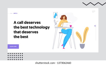 Online Technical Support 24/7 Concept Landing Page with Woman Character Consulting Client via Headset. Online Assistance, Female Help Line Call Center Operator Website Banner. Vector flat illustration