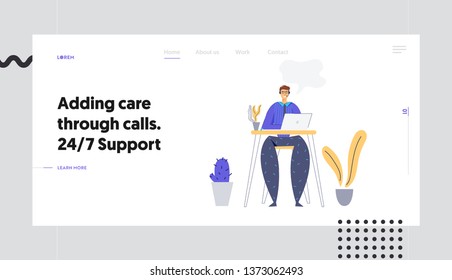 Online Technical Support 24/7 Concept Landing Page with Man Character Consulting Client via Headset. Online Assistance, Male Help Line Call Center Operator Website, Banner. Vector flat illustration