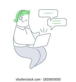 Online technical support 24-7. Support, online help, call center, hotline service. Cute cartoon man with a headset chatting on a laptop