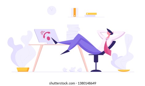 Online Technical Support 24/7 Service. Hotline Lazy Operator Character Relaxing at Workplace. Customer Service Call Center Concept. Male Assistant Takes a Break while Working. Vector flat cartoon