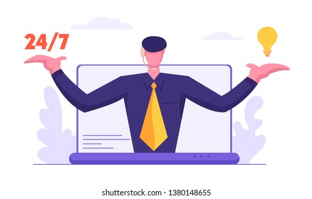 Online Technical Support 24/7 Service. Hotline Operator Character. Customer Service Call Center Concept. Male Assistant Advises Client. Vector flat cartoon illustration