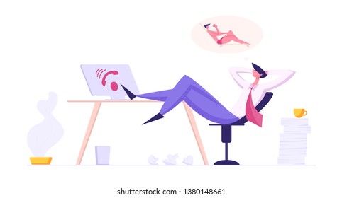 Online Technical Support 24/7 Service. Hotline Lazy Operator Character Relaxing at Workplace Dreaming about Vacation. Customer Service Call Center Concept. Male Assistant Takes a Break. Vector cartoon
