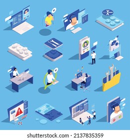 Online technical support call centre customer assistance isometric 3d icons set isolated on blue background vector illustration