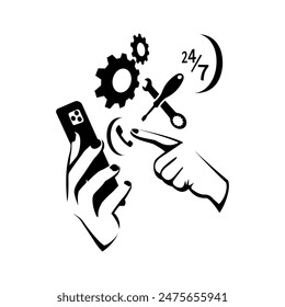 Online technical support. Customer support. Call center operator finds a solution to the problem. Technical support via phone app.Customer assistance 24 7. Vector illustration flat design. 