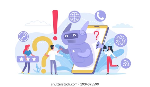 Asistencia técnica en línea. Servicio de ayuda aplicación móvil, asistente de cliente, resolución remota de problemas, asesor digital las 24 horas del día. Robot respondiendo a las preguntas de los clientes concepto de servicio de ayuda vectorial