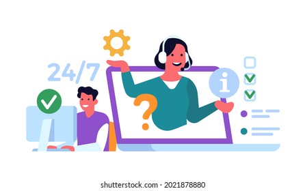 Online technical support. Internet advising clients, woman with headphones consults man from monitor screen, chat talking. Vector concept