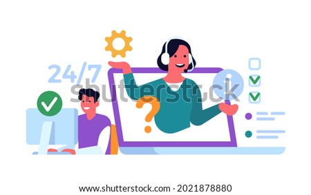 Online technical support. Internet advising clients, woman with headphones consults man from monitor screen, chat talking. Vector concept