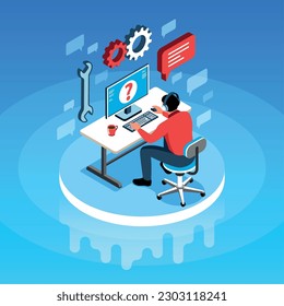 Online technical support isometric background with male hotline operator in headset answering customer questions on internet vector illustration