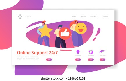 Online Technical Support Landing Page Template. Assistance Service Website Layout with Flat People Characters Hotline Operator. Easy to Edit and Customize Mobile Web Site. Vector illustration