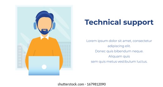 Online Technical Support in Modern Call Center Advert. Flat Banner with Editable Promotion Text. Virtual Operator in Headphones Consult Customer Online Answering Questions. Vector Cartoon Illustration