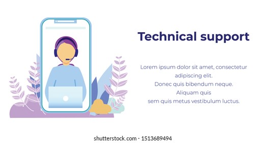 Online Technical Support on Mobile Promo Banner. Cartoon Woman Operator Character in Headphones on Phone Screen Provides Quality Service, Help in Repair and Effective Advice. Vector Flat Illustration
