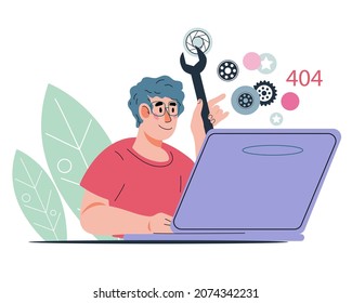 Online technical support of site or mobile app, site software problems diagnostics and repair, flat vector illustration isolated on white background. Professional site technical support and SEO.