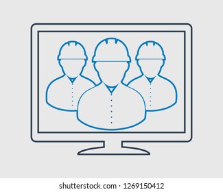Online Technical Support Team line Icon. Male Symbols on computer monitor