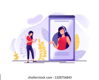 Online technical support. Woman near big phone with female hotline operator. Online assistant, virtual help service, 24-7, customer and operator. Flat concept vector illustration