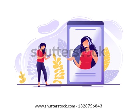 Online technical support. Woman near big phone with female hotline operator. Online assistant, virtual help service, 24-7, customer and operator. Flat concept vector illustration