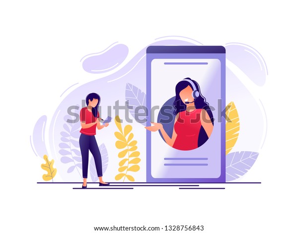 Online\
technical support. Woman near big phone with female hotline\
operator. Online assistant, virtual help service, 24-7, customer\
and operator. Flat concept vector\
illustration