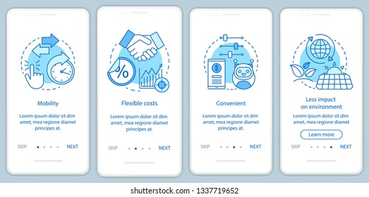 Online technologies benefits onboarding mobile app page screen with linear concepts. Management tools advantages walkthrough steps graphic instructions. UX, UI, GUI vector template with illustrations