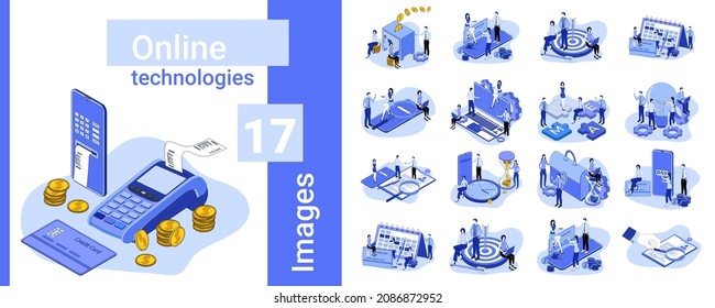 Online technologies.A set of illustrations in business style.A collection of images on the topic of business relations and technology.Flat vector illustration.