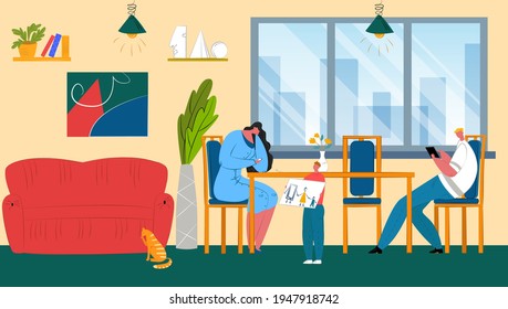 Online technology addiction, internet social media in phone, vector illustration. Family use mobile at home, kid hold painting.