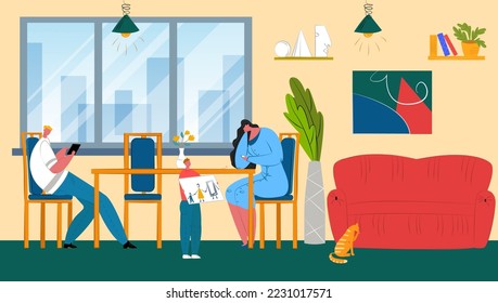 Online technology addiction, internet social media in phone, vector illustration. Family use mobile at home, kid hold painting.