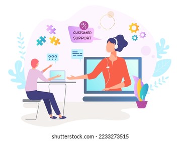 Online technology customer service, woman character internet call center client support flat vector illustration, isolated on white.