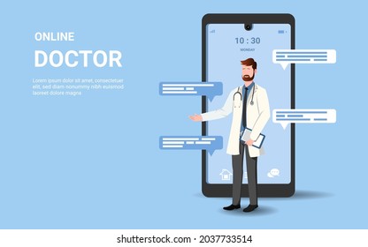 Online tele doctor on mobile app with male doctor on chat in messenger and an online consultation. tele medicine, Online healthcare and medical consultation, Digital health concept. 3D vector