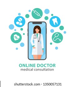 Online tele medicine. Online doctor consultation technology in smartphone. Treatment via application of smartphone. Connected internet clinic.