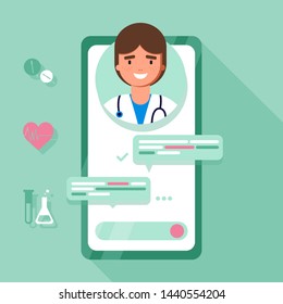 Online tele medicine flat concept. Medical consultation and treatment via application of smartphone connected internet clinic. Online doctor consultation technology in smartphone vector. 