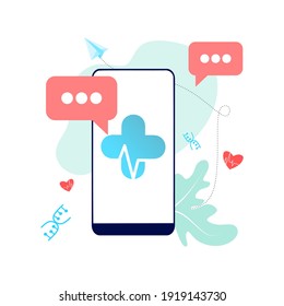 Online tele medicine flat illustration concept. Medical consultation and treatment via application of smartphone connected internet clinic. Online ask doctor consultation technology in mobile vector.