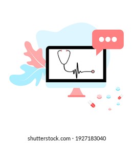 Online tele medicine flat illustration. Online medical consultation and treatment via application of computer connected internet clinic. Online ask doctor consultation technology in mobile vector.