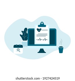 Online tele medicine flat illustration. Online medical consultation and treatment via application of computer connected internet clinic. Online ask doctor consultation technology in mobile vector.