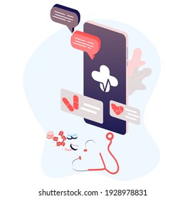 Online tele medicine flat illustration concept. Medical consultation and treatment via application of smartphone connected internet clinic. Online ask doctor consultation technology in mobile vector.