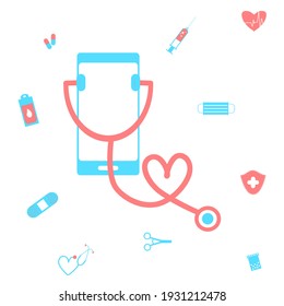 Online tele medicine flat illustration concept. Medical consultation and treatment via application of smartphone connected internet clinic. Online ask doctor consultation technology in mobile vector.
