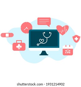 Online tele medicine flat illustration. Online medical consultation and treatment via application of computer connected internet clinic. Online ask doctor consultation technology in mobile vector.