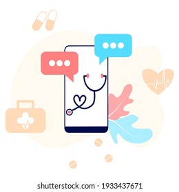 Online tele medicine flat illustration concept. Medical consultation and treatment via application of smartphone connected internet clinic. Online ask doctor consultation technology in mobile vector.