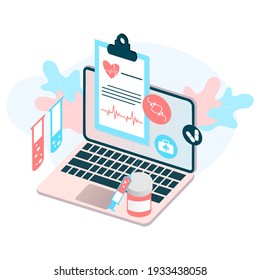 Online tele medicine flat illustration. Online medical consultation and treatment via application of computer connected internet clinic. Online ask doctor consultation technology in mobile vector.