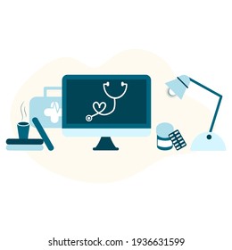 Online tele medicine flat illustration concept. Online medical consultation and treatment via application of computer connected internet clinic. Online ask doctor consultation in mobile vector.