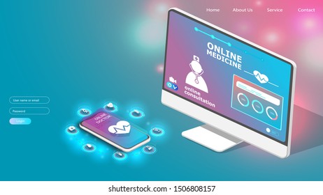 Online tele medicine isometric concept. Medical consultation and treatment via application of smartphone connected internet clinic.