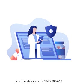 Online tele medicine isometric concept. Medical consultation and treatment via application of laptop connected internet clinic. Online doctor consultation technology in laptop vector.